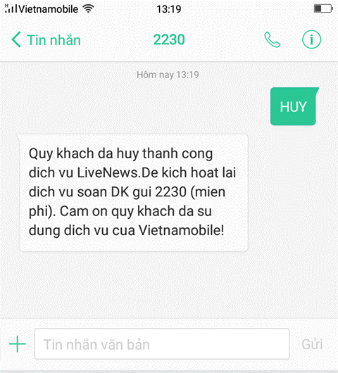 Cách tắt quảng cáo trên sim Vietnamobile bằng tin nhắn đến tổng đài